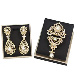 Sunspicems Gold Color Turkish Women Earring Brooch Sets Wedding Jewelry Morocco Caftan Brooch Drop Earring Indian Bride Jewelry