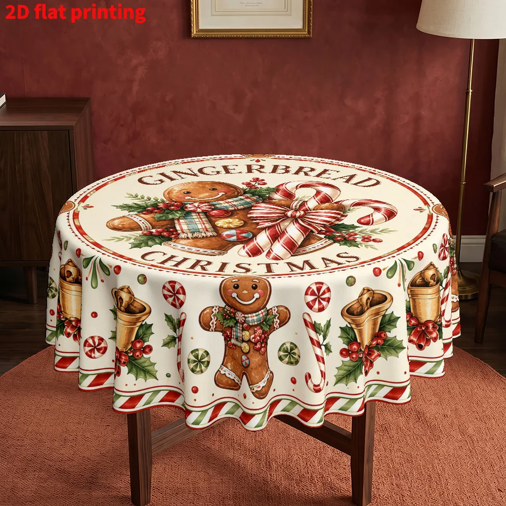 Pack of 1,  round tablecloth, Christmas gingerbread man print tablecloth, home kitchen decoration, tableware accessories