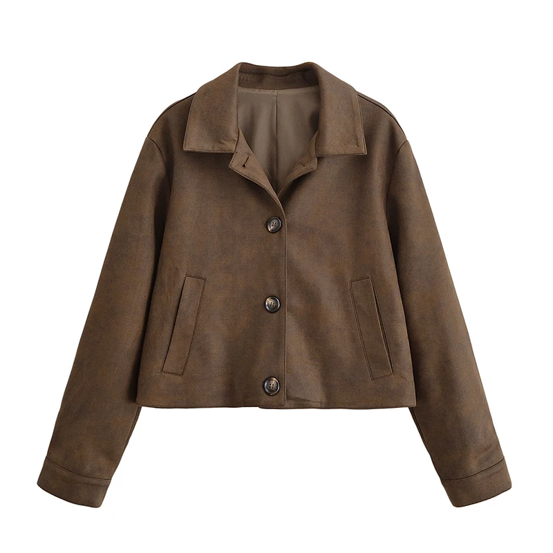 

YENKYE Brown Faux Suede Jacket For Women Front Button Long Sleeve Lapel Collar Short Autumn Winter Coat