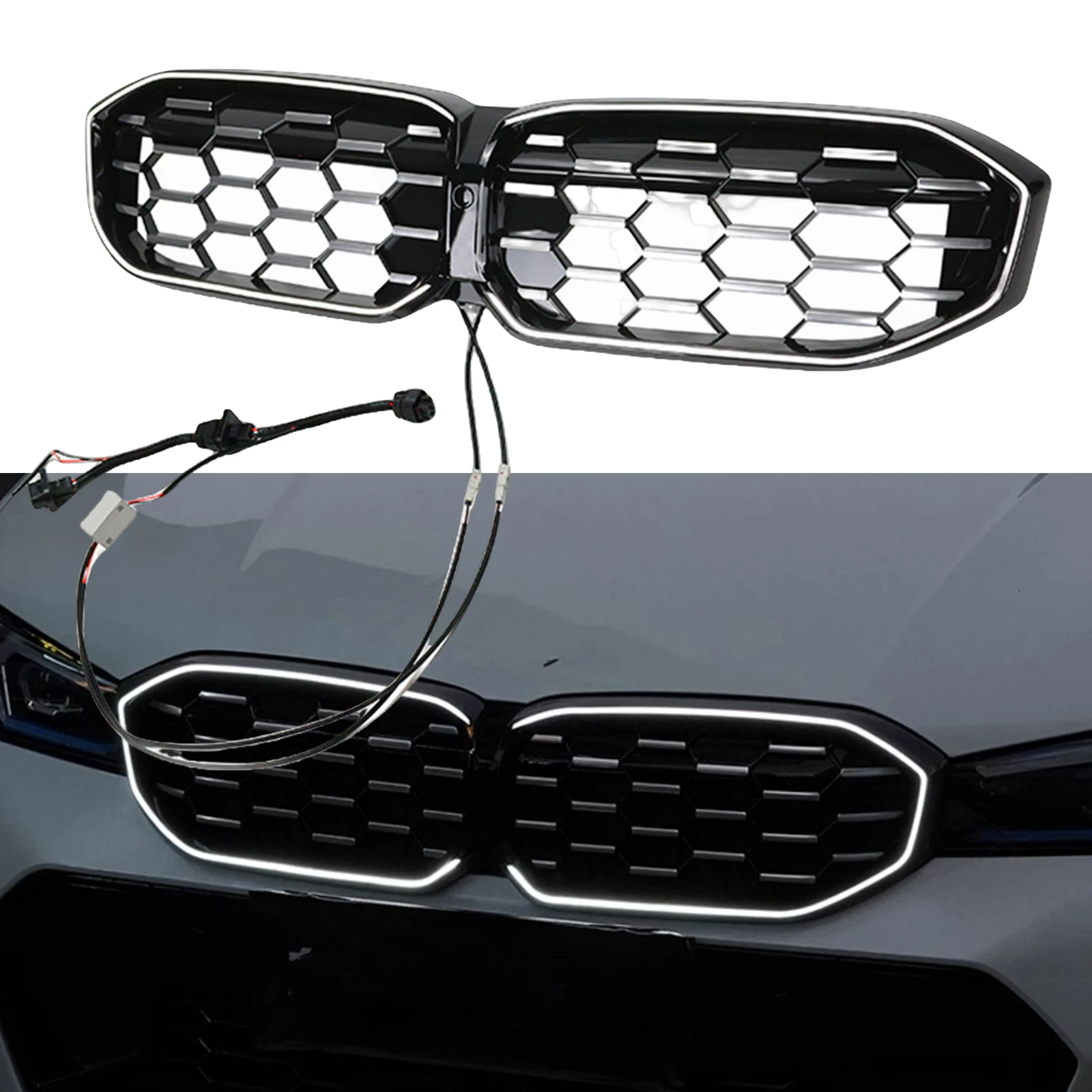 

For BMW 3 Series G20 320i 330i 2023-2024 Front Kidney Grille Racing Grill Upper Bumper Radiator Hood Mesh Grid With LED Light