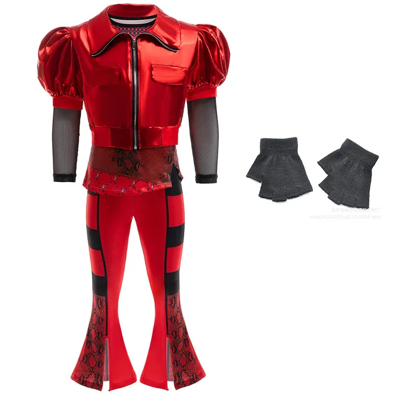 멋진 소녀들을 위한 레드 재킷+프린트 탑+팬츠 세트 (가발 포함) - 라이즈 레드 프린세스 생일 파티, 할로윈, 크리스마스 드레스업 (4-10세)