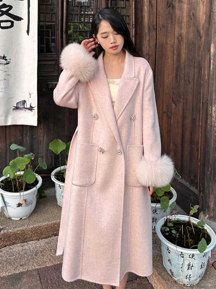 معطف نسائي جديد لعام 2025 من صوف الكشمير الطويل معطف صوفي طبيعي من فرو الثعلب الحقيقي سترة شتوية للسيدات ملابس خارجية ملابس خروج