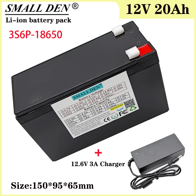 

12V 20Ah 18650 Li-ion Battery Pack 3S6P Built-in 20A Balanced BMS for 12V Toy Cars Lights Backup Power +12.6V 3A Charger