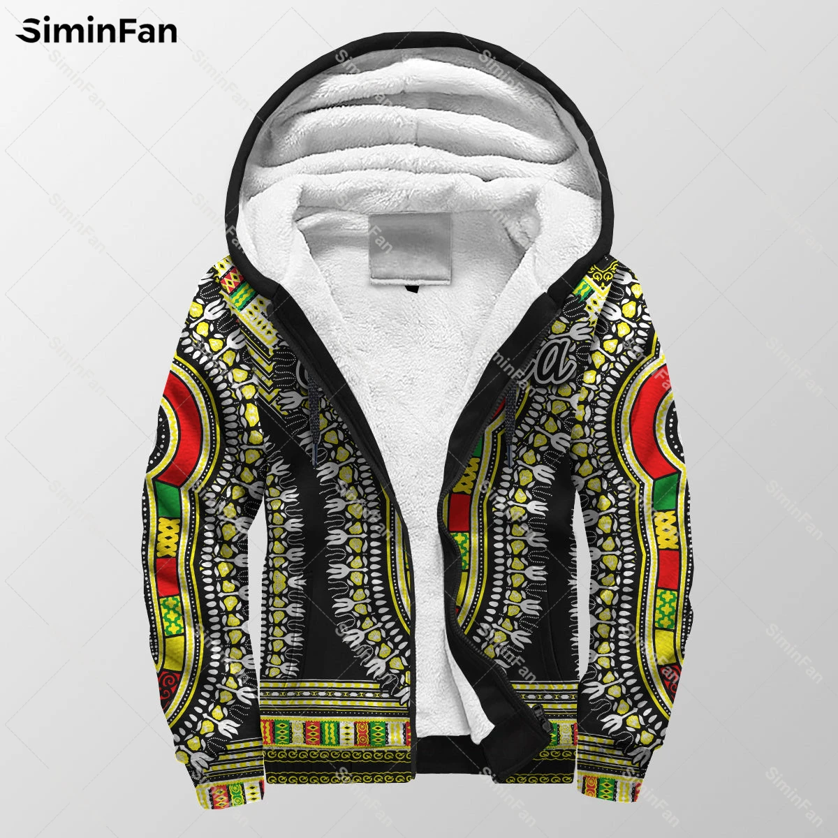 

Ethiopia Sherpa Dashiki Black White 3D Printed Mens Thicken Fleece Jacket Warm Flannel Zip Hoodie Windproof Coat Winter Outwear