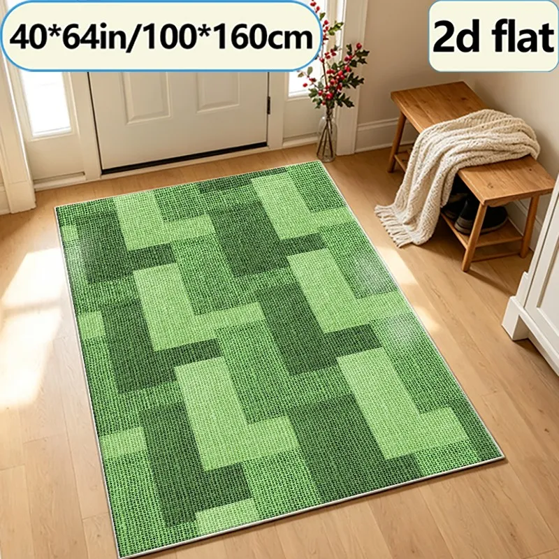 Green Textured Geometric Patchwork Area Rug, Modern Block Carpet, Suitable for Living Room, Bedroom, Indoor Home Decor