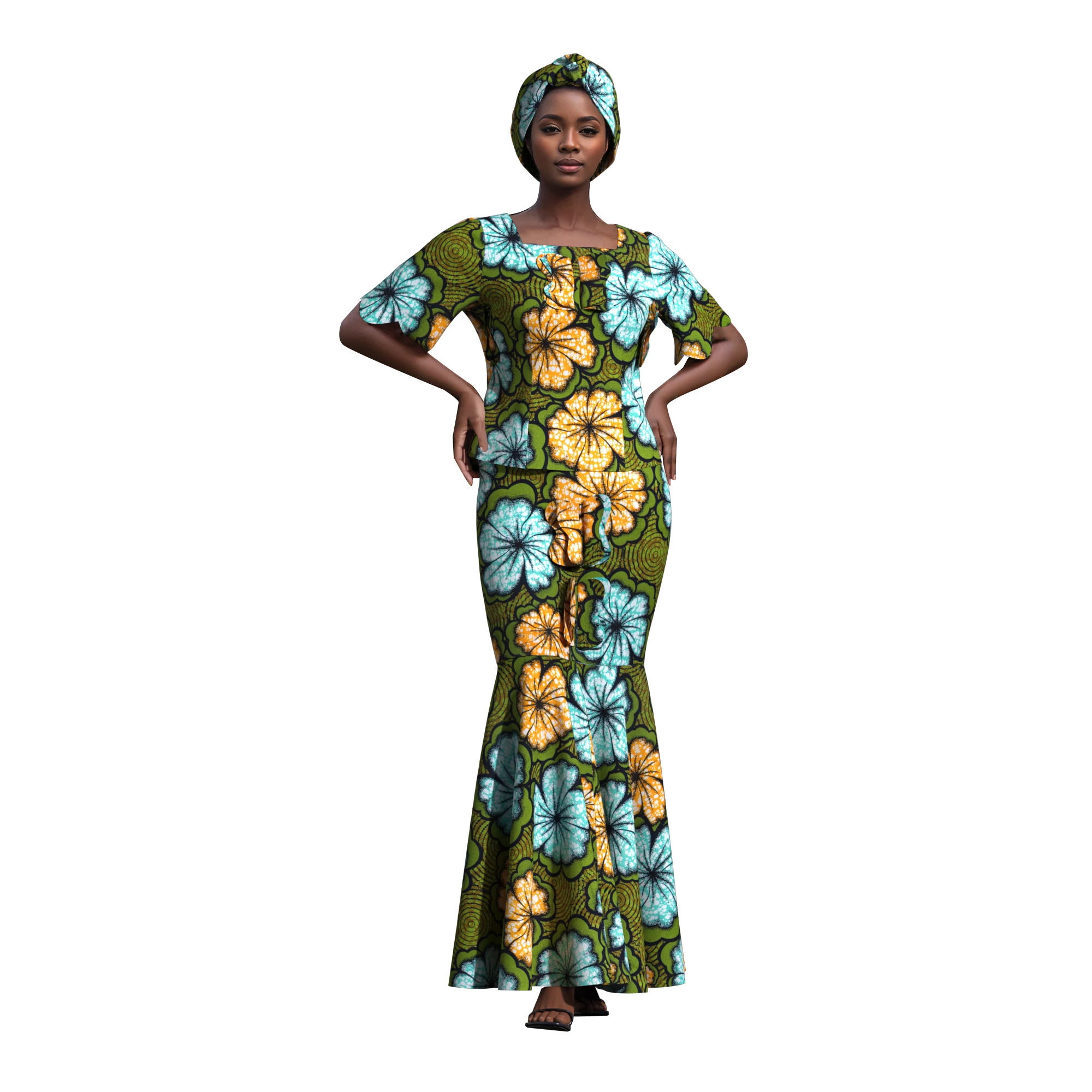 African Ankara Print 2 Piece Set Women Short Sleeve Mermaid Maxi Dress Matching Headwrap Dashiki Outfit Wedding Party Clothing - view 6