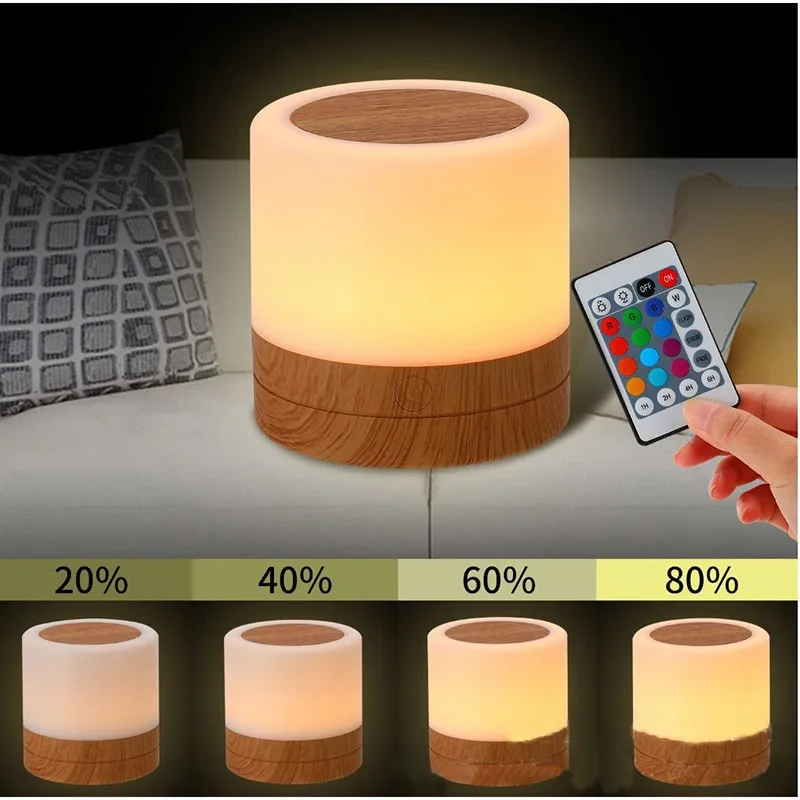 Lampada da comodino in legno con sensore tattile a LED dimmerabile a luce notturna a 7 colori con telecomando a luminosità regolabile Touch