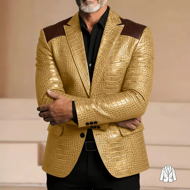 

Men's Blazer Crocodile Embossed Leather Suit Jacket Shoulder Patch Notch Lapel Two Button Sport Coat Business Casual Flap Pocket