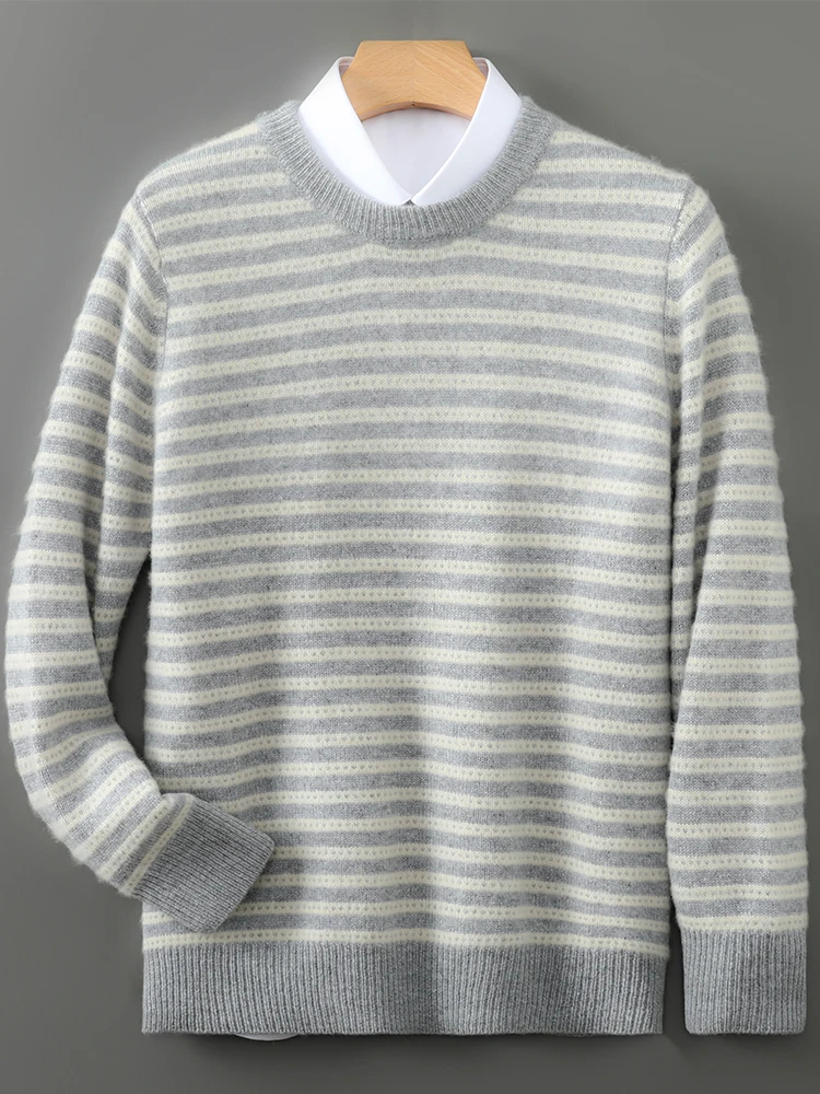 100% Merino Wool Men's Round Neck Casual Fashion Horizontal Stripe Top Autumn Winter Pullover Wool Sweater