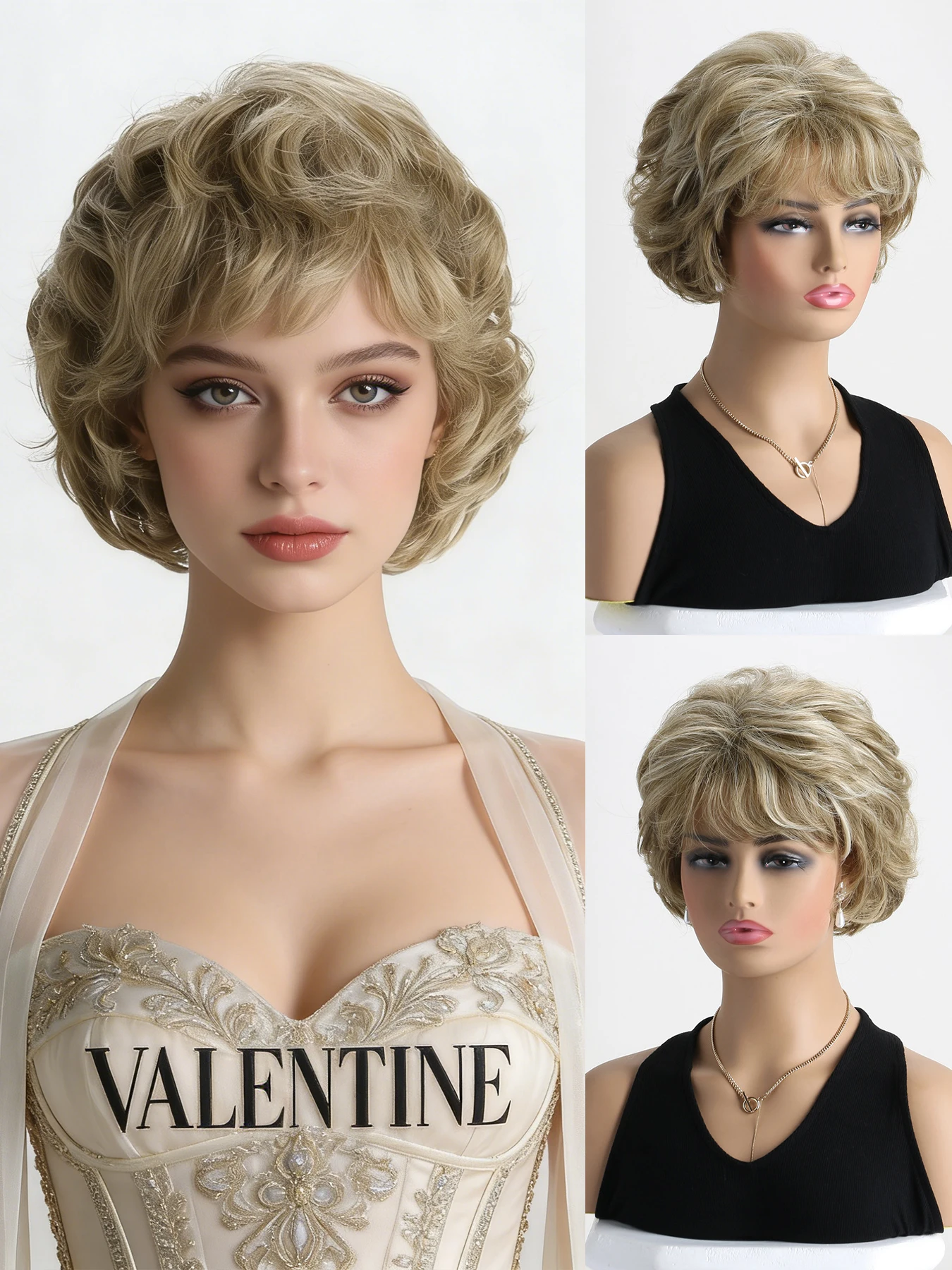 

1 женский парик, выполненный из термостойкого синтетического высокотемпературного волокна, с естественным объемным стилем.