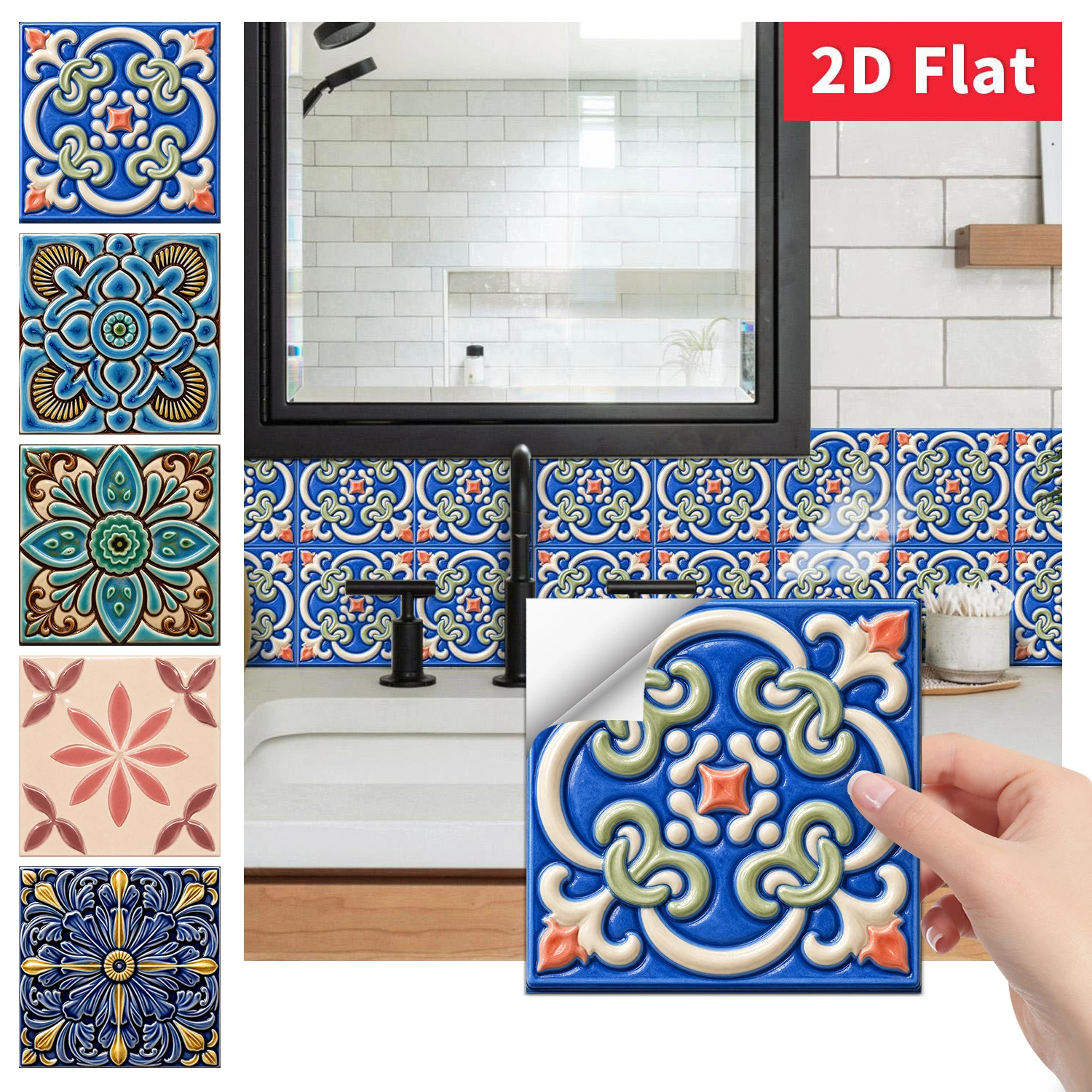 Mediterranean Embossed Look Tile Stickers 6 Inch Self-Adhesive Removable Backsplash Wall Stickers for Home Decor 8/16/32/64Pcs