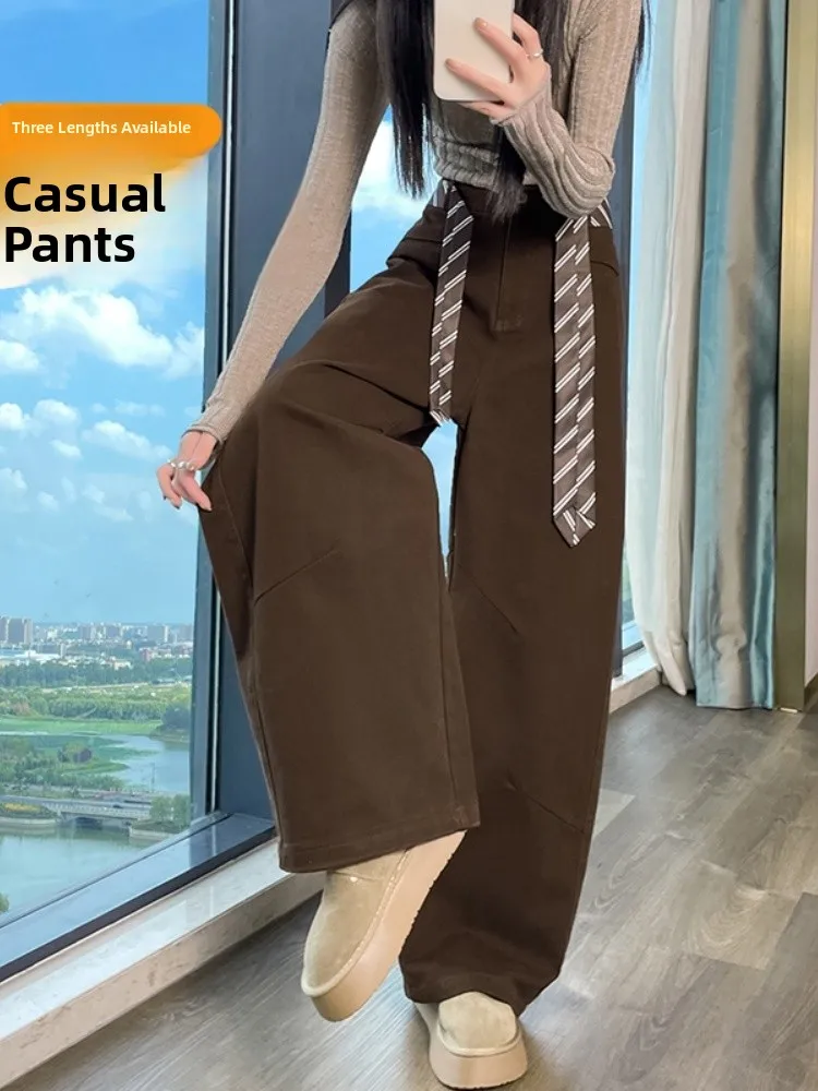 Pantaloni da lavoro casual Cé Brown Pantaloni da donna autunno inverno a gamba larga a gamba dritta Pantaloni drappeggiati americani a vita alta con dettaglio ket