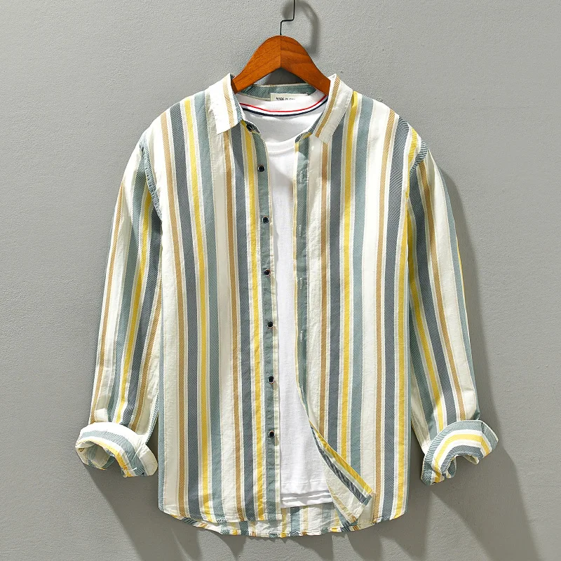 

Весенняя мужская хлопково-льняная рубашка в полоску, повседневная, модная, свободного кроя, с длинными рукавами, дышащая, верхняя одежда, молодежная, в городском стиле