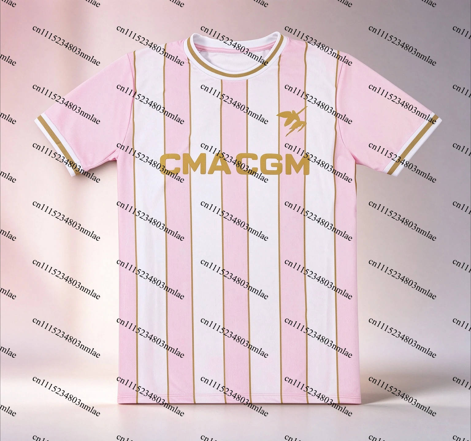 Pink White Striped Soccer Jersey Gold Print Short Sleeve Football Shirt