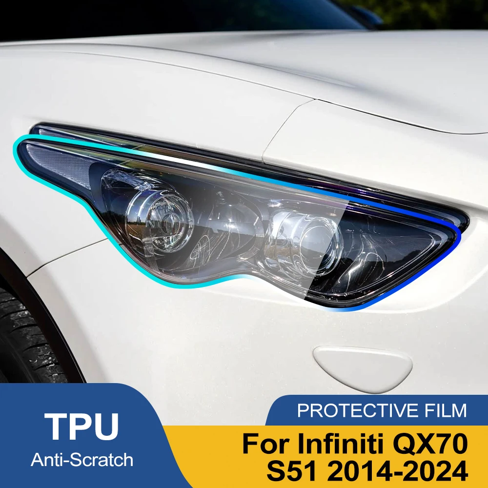 

Для Infiniti QX70 S51 2014-2024: Комплект защитной виниловой пленки из ТПУ для фар, предварительно вырезанный, дымчато-черный, глянцевый, с защитой от царапин