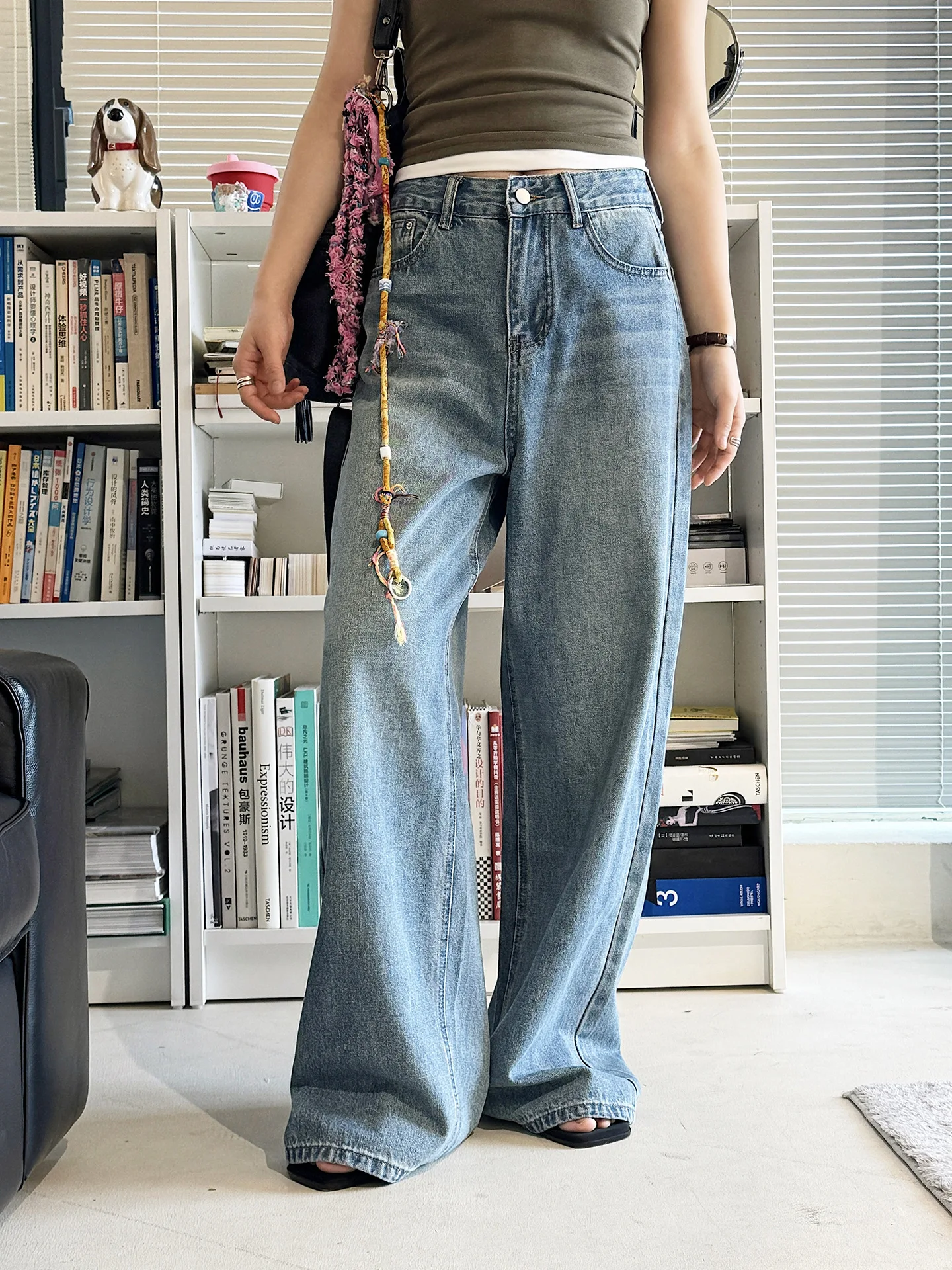 

Summer new Korean version simple retro high waisted vintage gradient straight leg jeans loose slimming pants for women