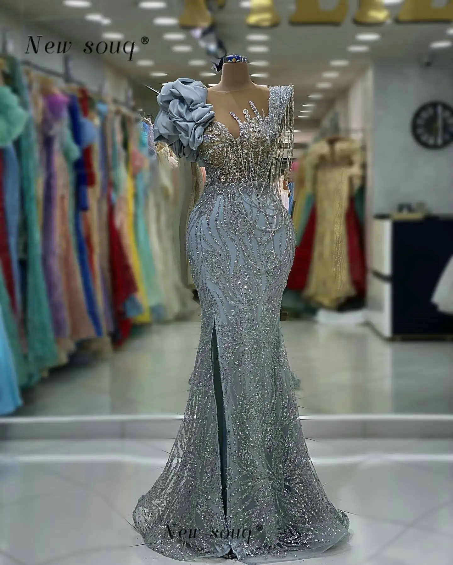 Long Silver Glitter Crystals Chains Mermaid Evening Dresses with Slit Sparkle Sequins Elegant Wedding Party Gowns Arabic Vestido