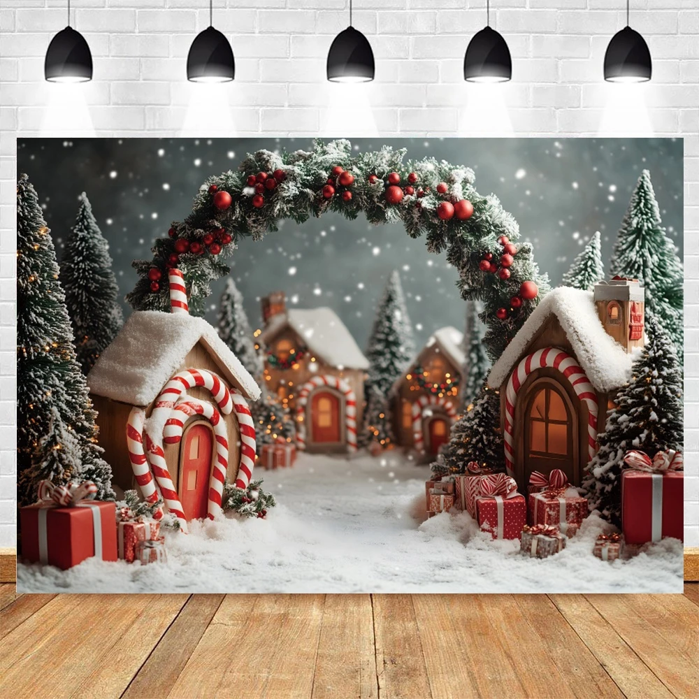 Christmas Snowy Village Photo Backdrops Arch Candy Cane Bow Snowman Gifts Lights Winter Family Holiday Decoration Backgrounds