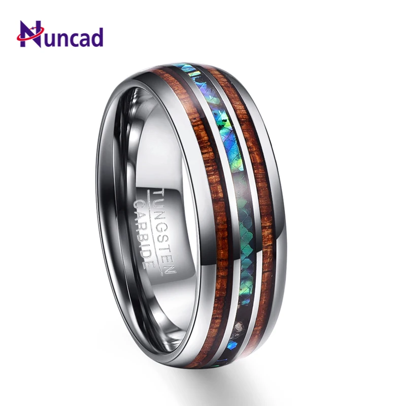 Nuncad US Size 8mm Hawaiian Koa Wood and Abalone Shell Tungsten Carbide Rings Wedding Bands for Men Comfort Fit Size 5-14