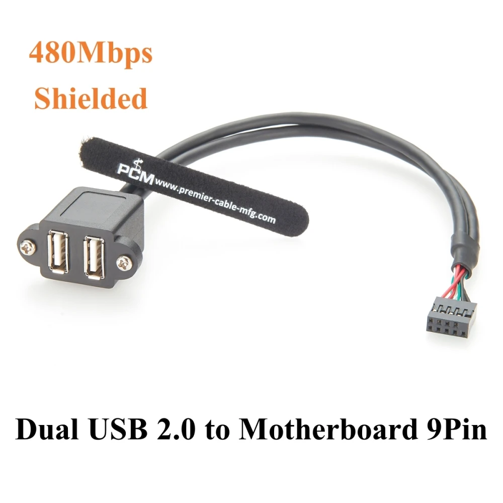 

Винтовое крепление на панели, двойной USB 2.0 A, гнездо к материнской плате, 9-контактный разъем, кабель на передней панели IDC, 9-контактный внутренний кабель материнской платы