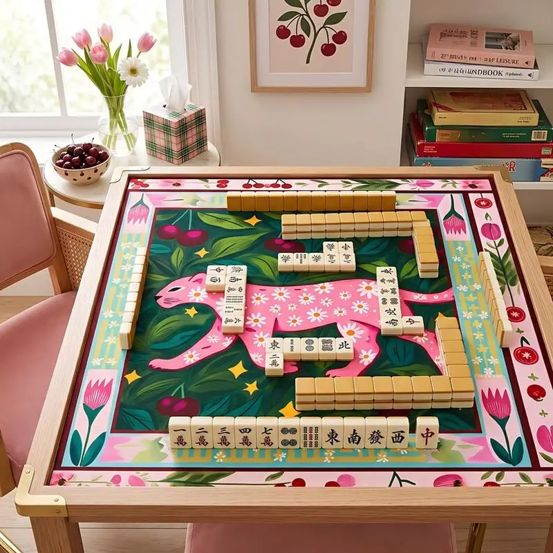 VIKAMA Dark Green Cherry Pink Leopard Mahjong Mat Cartoon Print Non Slip Girly Party Dual Use Mahjong Poker Table Cover