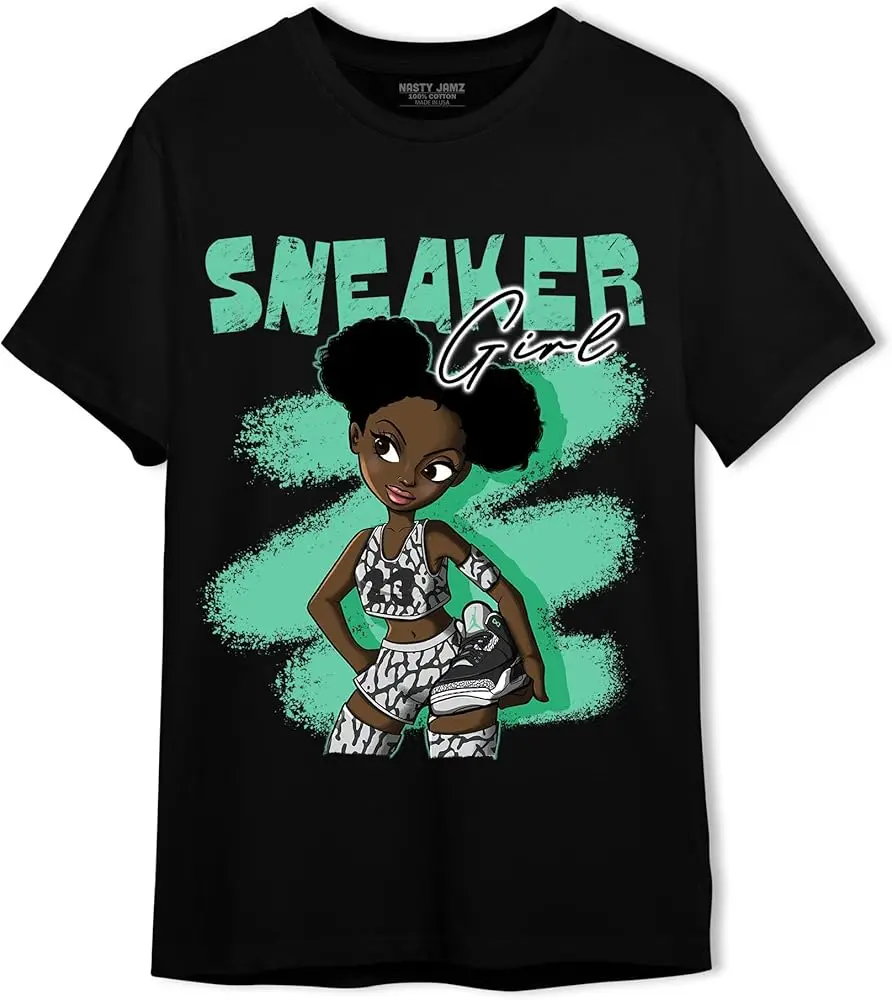 Black Sneaker Girl Unisex Shirt Matching AJ 3s Green Glow, Urban Clothing, Black, White