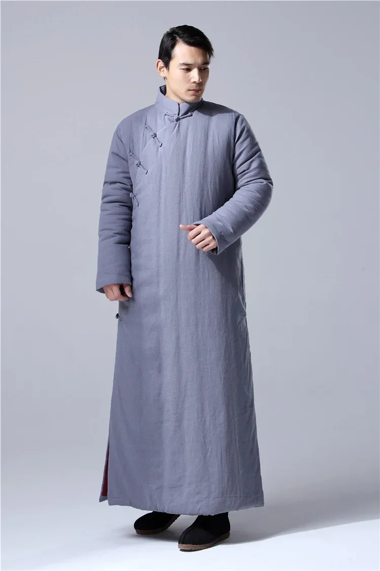 النمط الصيني سميكة فضفاضة الكتان pourpoint رداء طويل الصين التقليدية الشتاء ملابس رجالية الرجعية القنب القطن مبطن ثوب طويل رداء