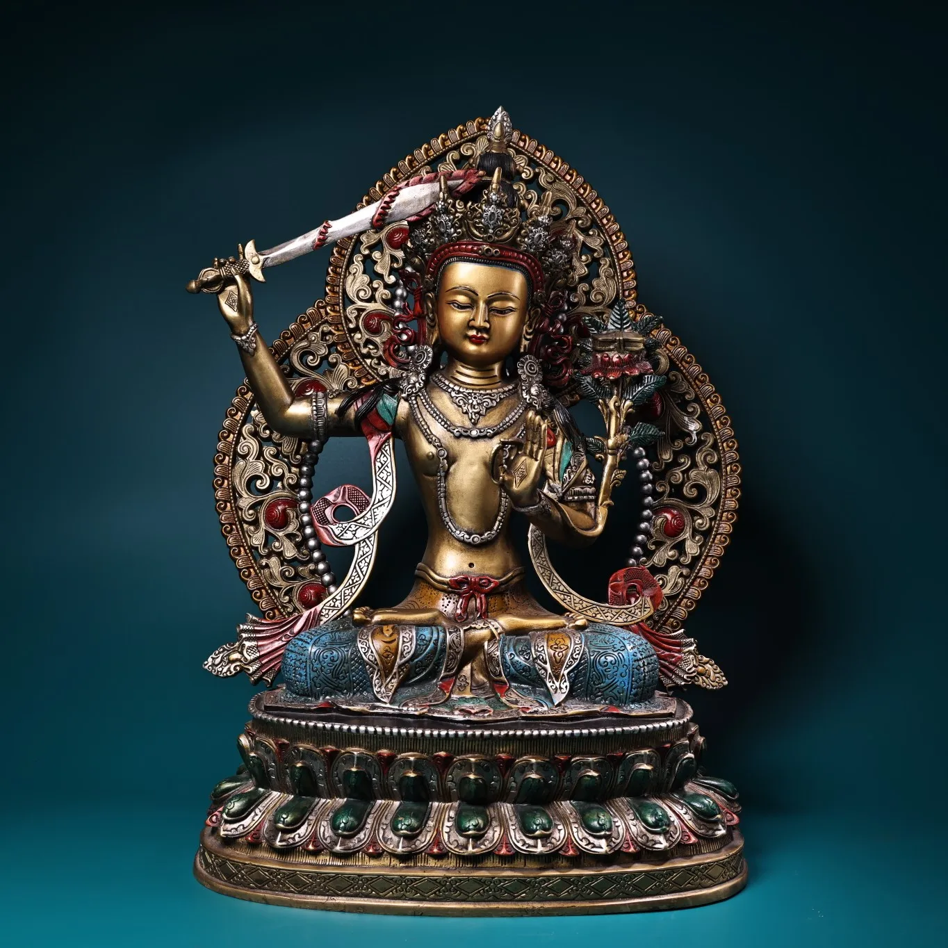 

19"Tibetan Temple Collection Old Bronze Outline in gold Painted Manjusri Bodhisattva Lotus Stage Backlight Sitting Buddha