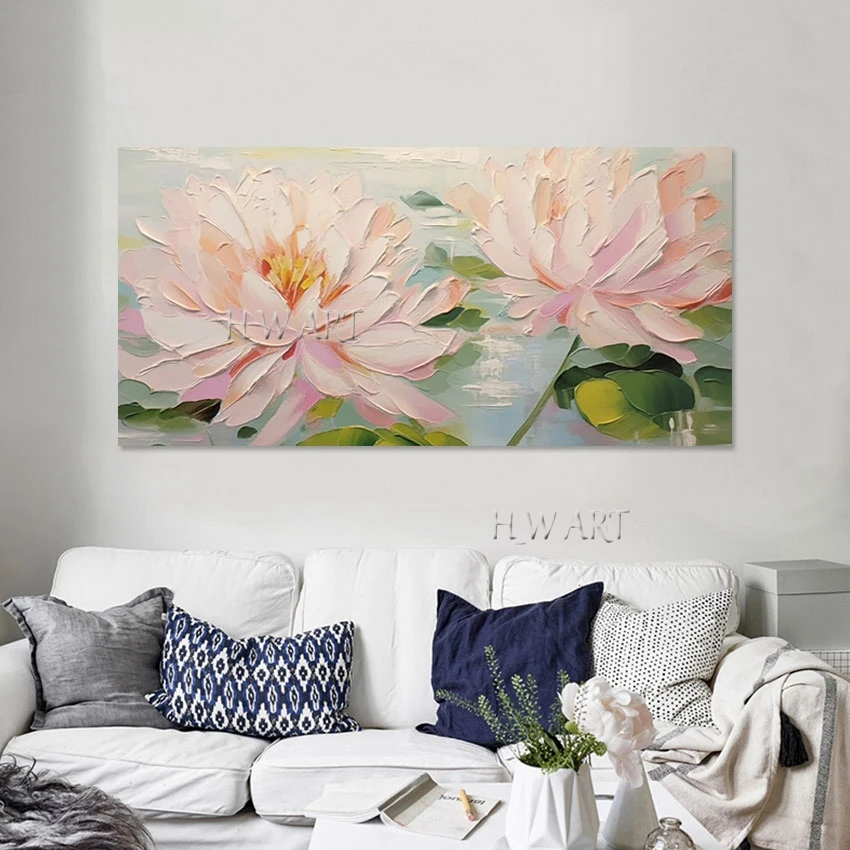 Acrylic Canvas Art Wall Unframed Modern Blooming Lotus Floral Abstract Painting Large Size Pond Beautiful Pictures Of Flowers