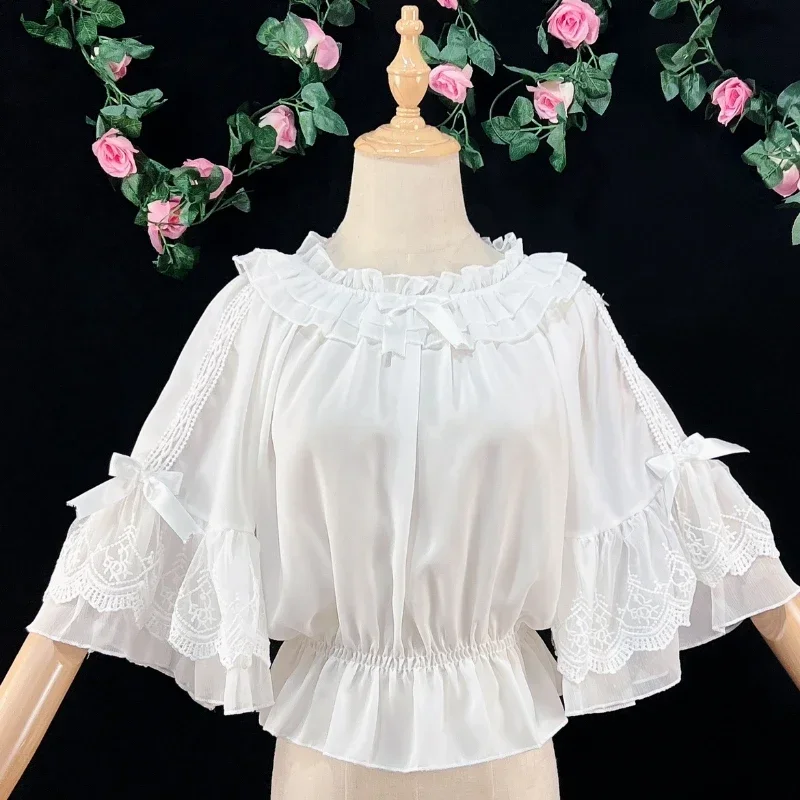 Sweet Lolita Chiffon Blouses Women Cute Bow Ruffles Three Quarter Flare Sleeve Undershirt Girl Kawai Off Shoulder Shirt Crop Top