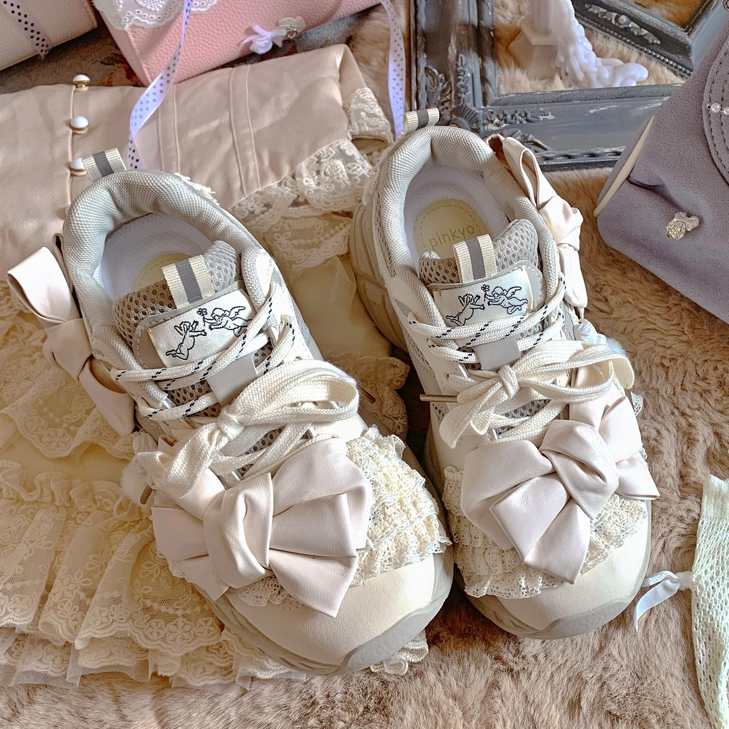 

Pinkyo Original Thick Sole Casual Lolita Girl Cute Height Increasing Beige Single Shoes Princess Apricot Bow Dad Shoes