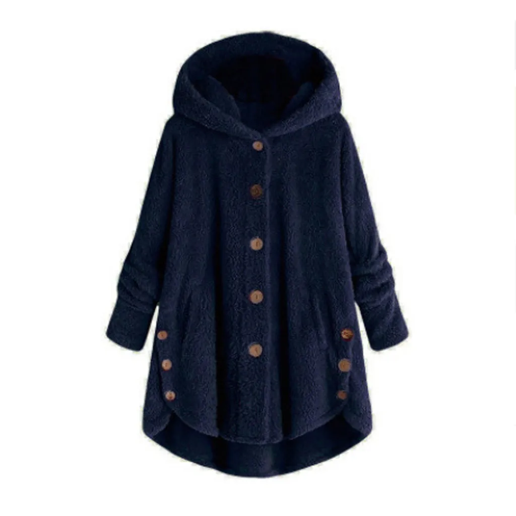 Hoodies Women Plus Size Button Plush Tops Hooded Loose Wool Coat Winter Jacket Keep Warm Pockets Sweatshirts Tops