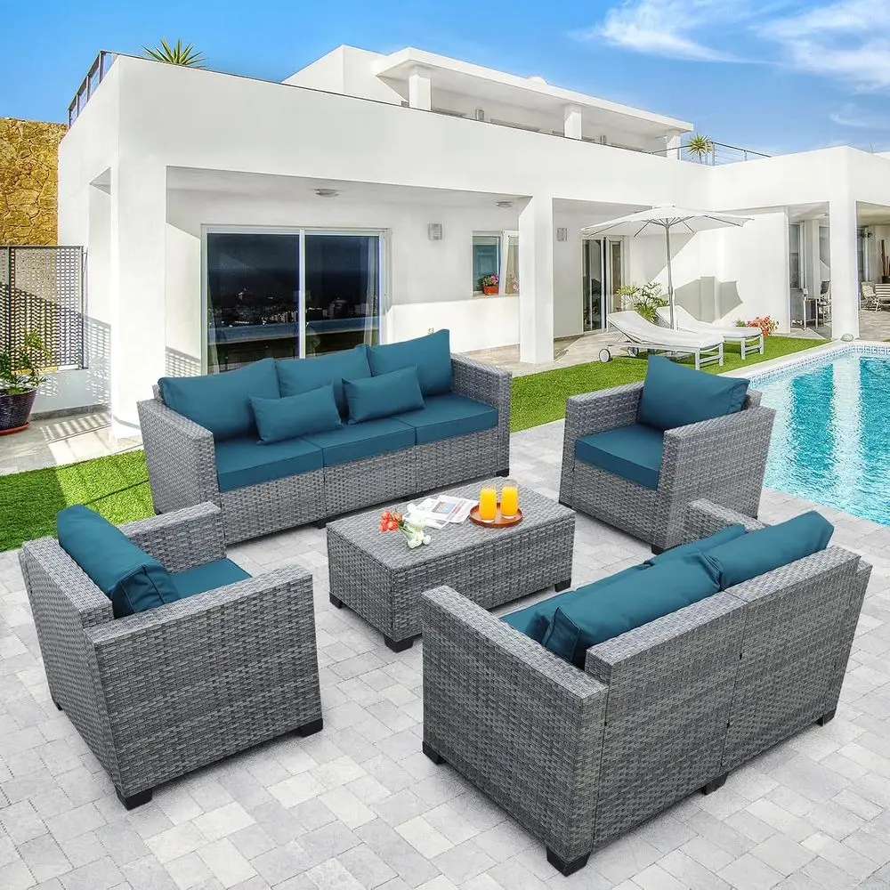 

5-Piece Outdoor Wicker Patio Furniture Set with Sectional Sofa, Storage Table, and Blue Cushions