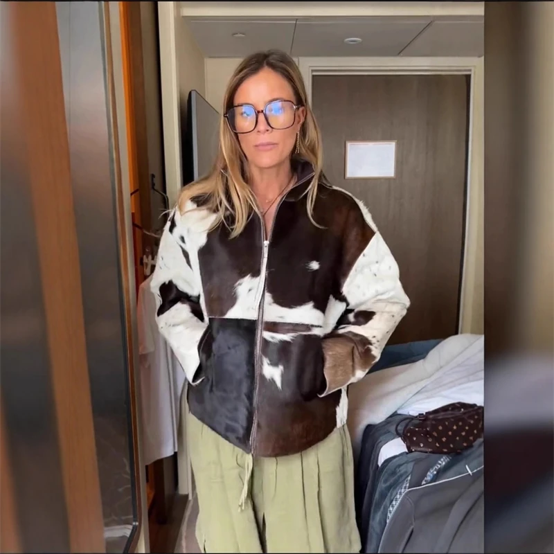 

Необычная женская куртка на молнии с коровьим принтом, воротником-стойкой и лацканами, повседневное осеннее пальто с длинными рукавами для женщин, уютный шик