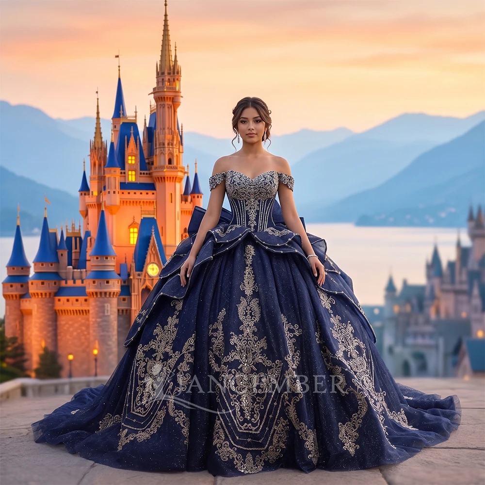 Navy Blue Ball Gown Customized Quinceanera Dress Off The Shoulder Baroque Embroidery Tulle Train vestidos de 15 quinceañera