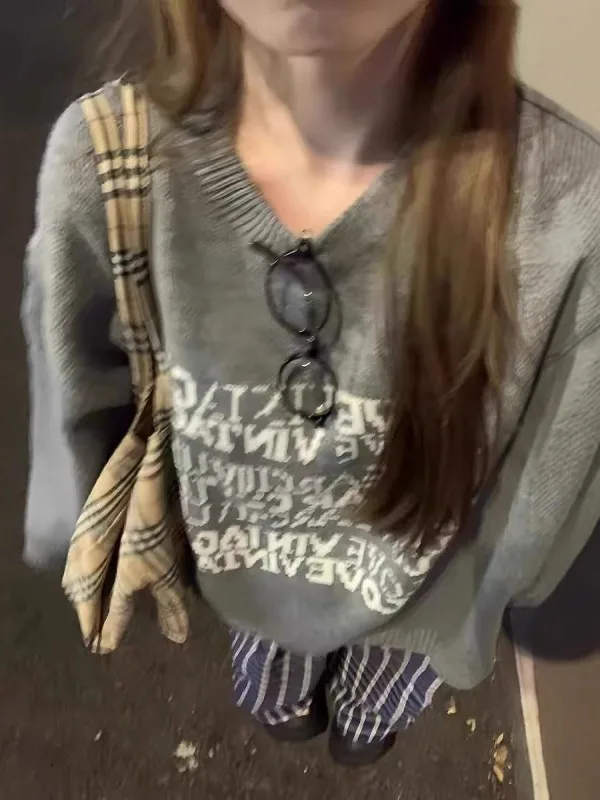 

Свободный крой, вязаный свитер, женский осенне-зимний вязаный свитер с вышивкой букв, круглый топ Ne Long Sve, корейский топ, ленивый...