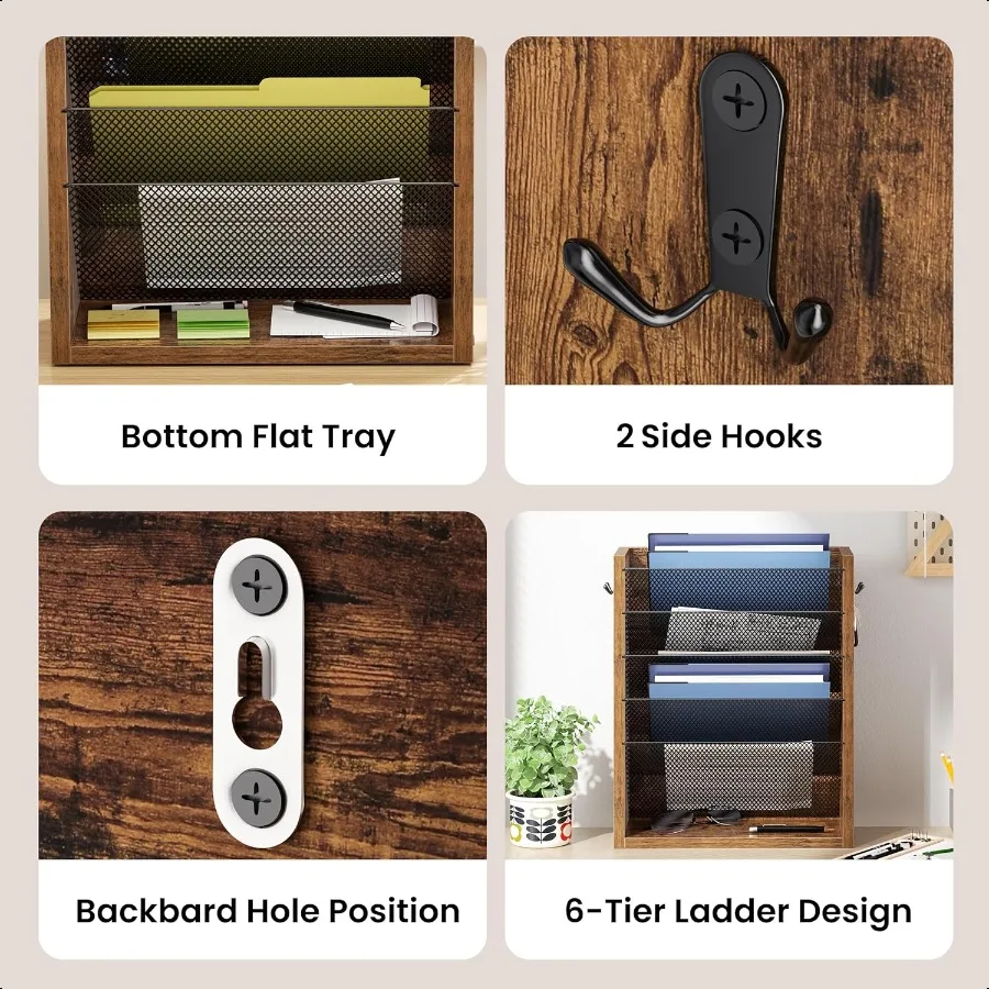 منظم ملفات حائط معلق 6 طبقات حامل ملفات حائط خشبي مع خطافين منظم بريد مثبت على الحائط مع صينية مسطحة سفلية عمودية