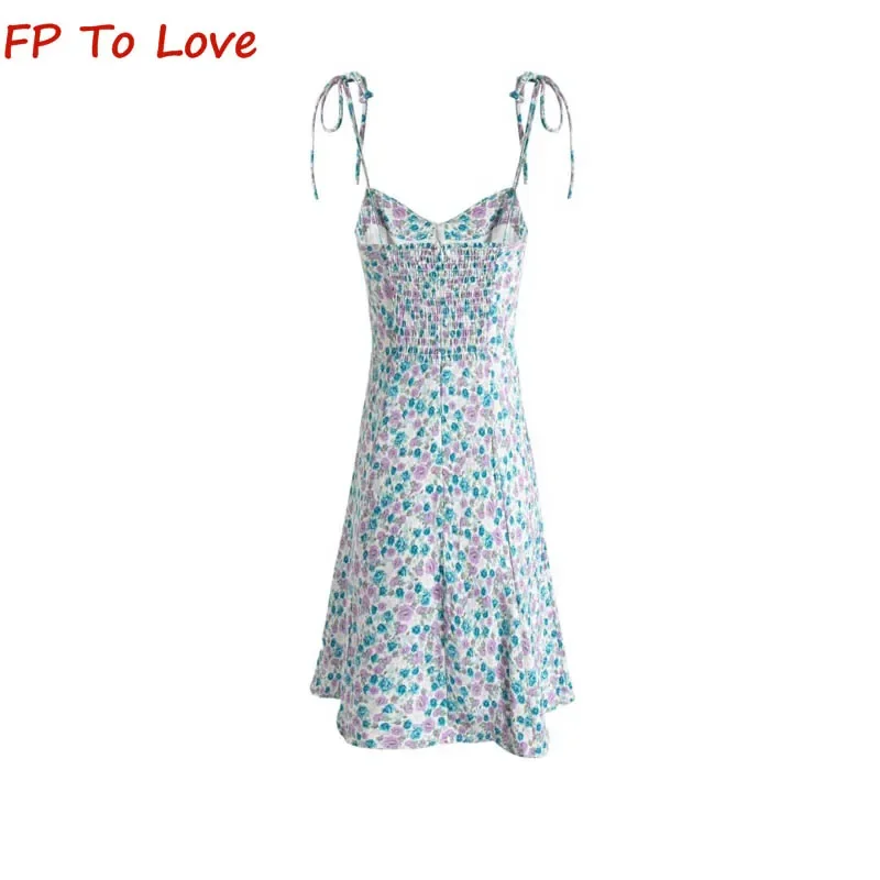 Summer Resort Style Slim High Waist Halter Dress Double Shoulder Tie Sexy V-Neck Floral Mini Tea Break Dresses