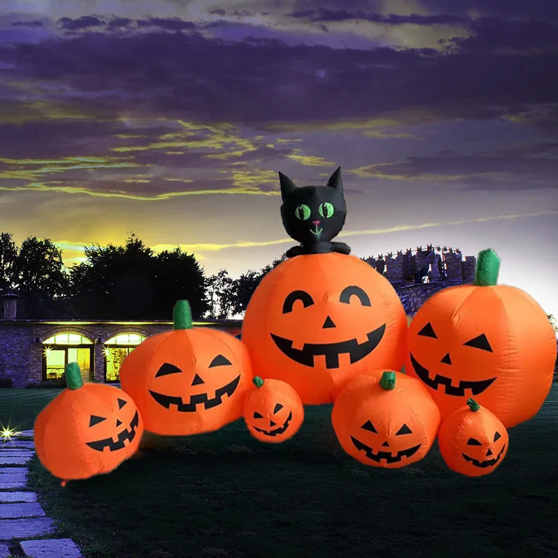 Halloween Inflatable Black Cat Pumpkin Model Decoration Haunted House Home Outdoor Garden Yard Inflatable Pumpkin Ornaments