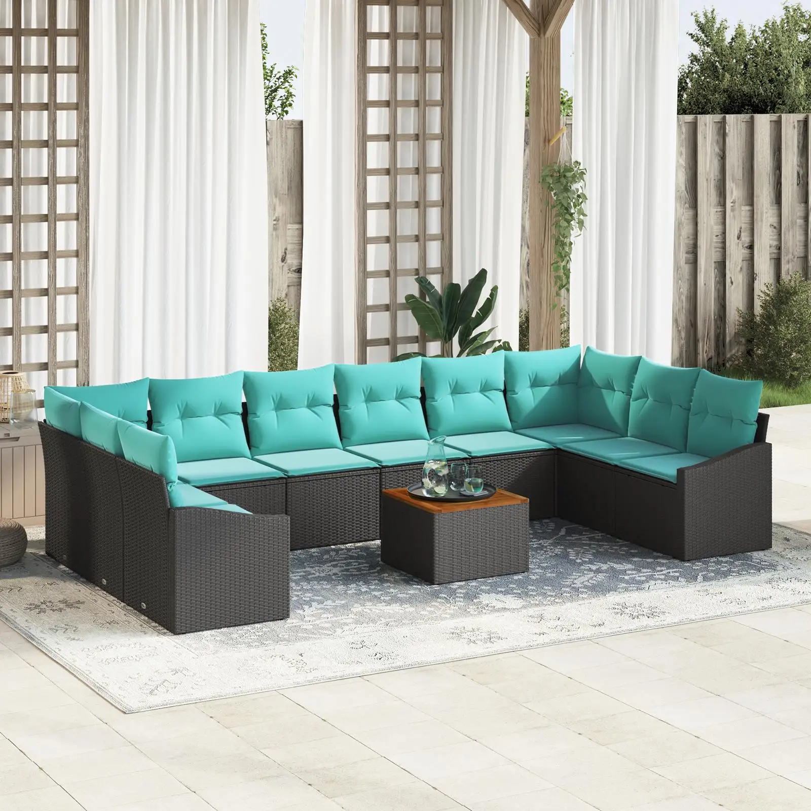 

Stylish 11 Piece Outdoor Garden Sofa Set with Cushions Black Poly Rattan and Acacia Wood Furniture