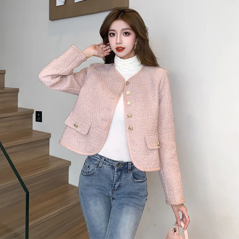 

Female Spring Autumn Fragrant Pink Khaki Black White Temperament Short Coat Women Tweed Jackets