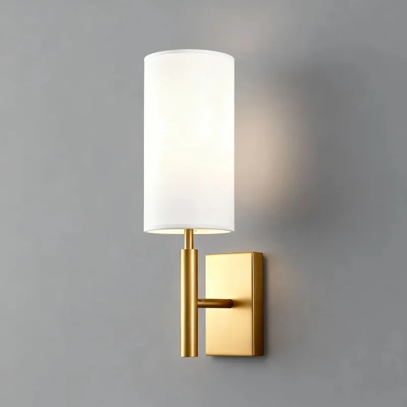 Nordic Minimalist Gold Wall Sconce Cylinder Linen Fabric Shade Wall Light Indoor Bedside Lamp Hallway Restaurant Vanity