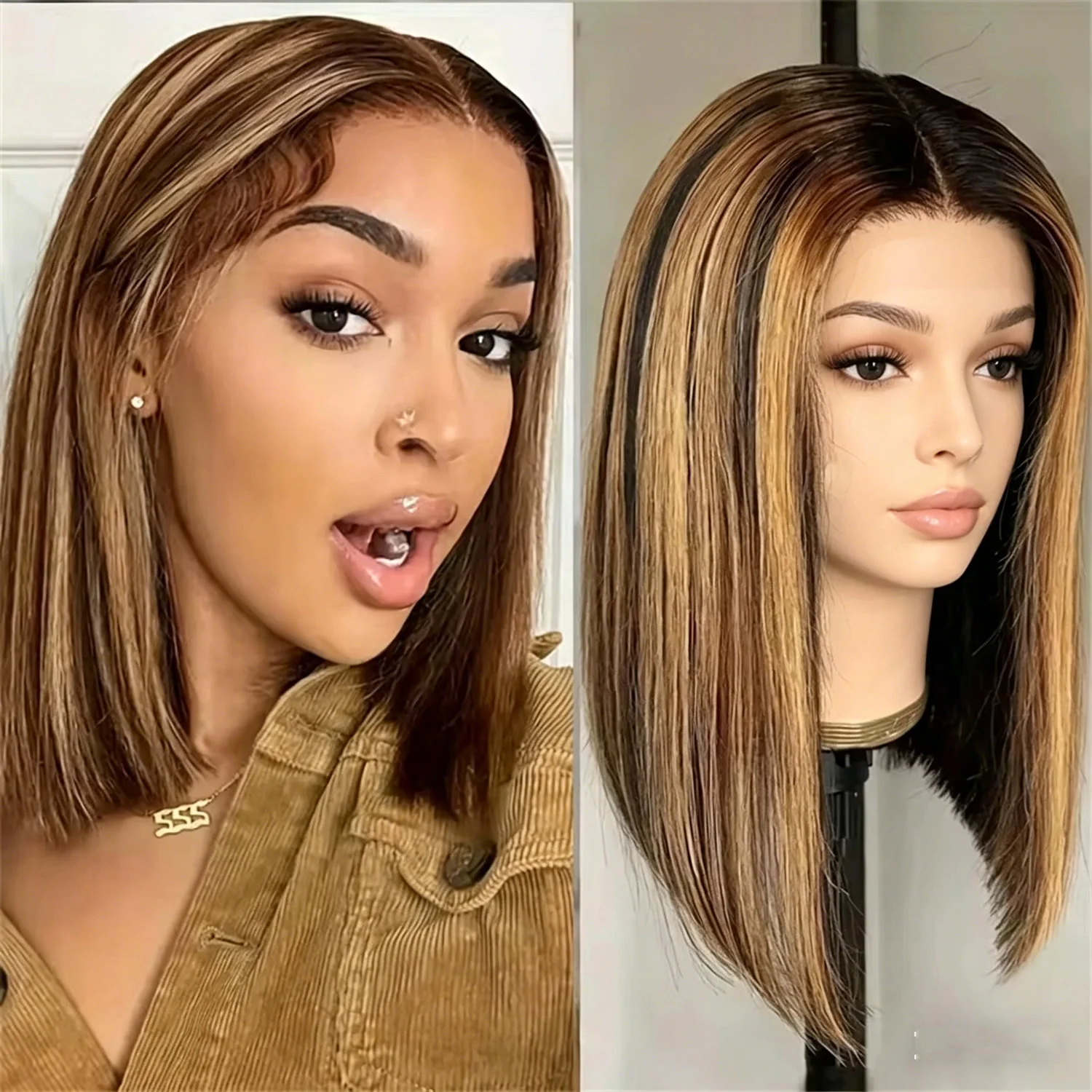Colorful Short Bob Straight Wig Highlight 4/27 Chocolate Brown Ombre Human Hair 13x4 HD Lace Frontal Straight Bob Wig For Women