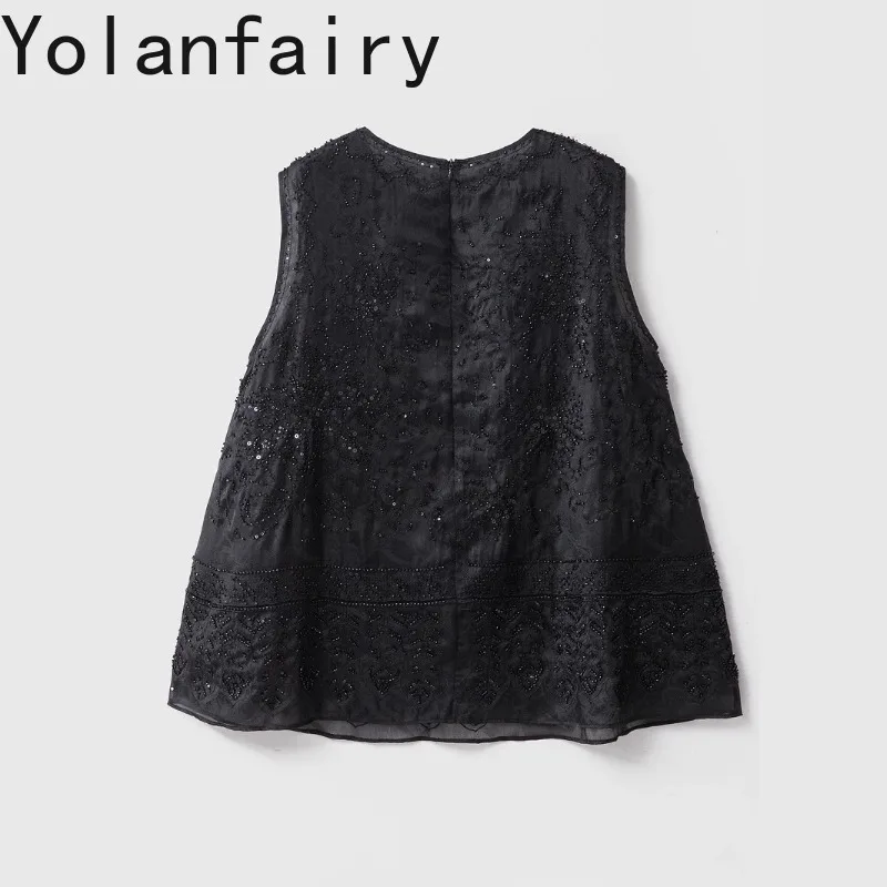 YOLANFAIRY 100% Mulberry Silk Tank Tops Woman Fashion Organza Silk Sleeveless Vest Beaded Embroidered Elegant Women's Tanks Top