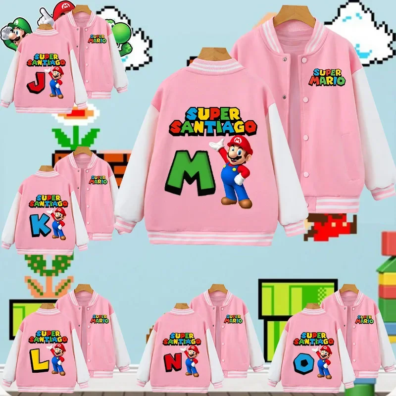 Baseball uniform letters ABCDEF Mario Series Kids 1-14 years old Spring Jacket cartoon print for boys and girls Kawaii knitwear