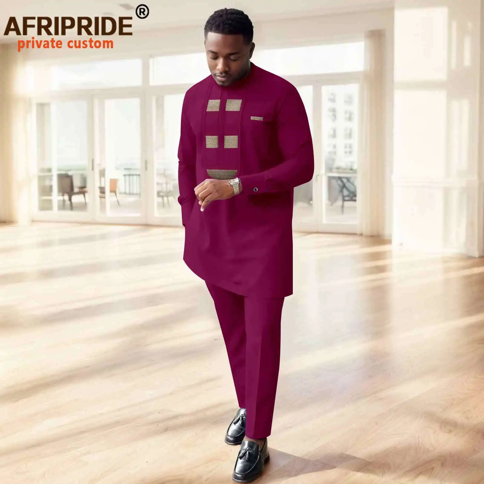 

Bazin Riche African Traditional Clothes for Men Full Sleeve Shirts and Ankara Pants 2 Piece Set Dashiki Outfits 2516055