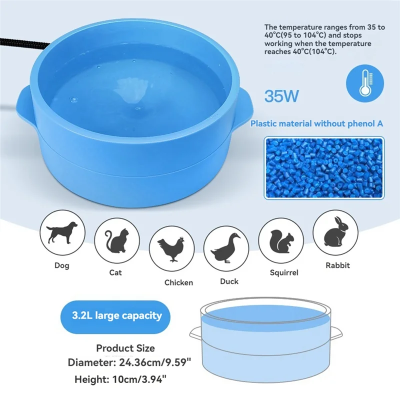 

ABPQ-3.2L Heated Water Bowl For Dog Cat Outdoor Heated Dog Bowl Waterproof Heated Pet Bowl Smart Thermal-Dish Winter US Plug