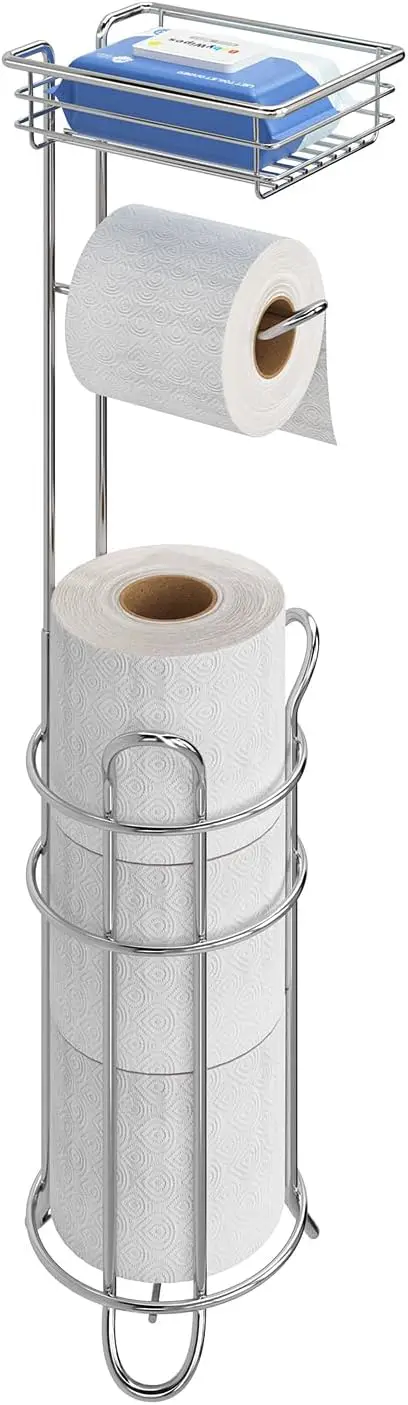 

Trending Toilet Paper Stand with Shelf, Holds 4 Rolls & Stores Phones, Tissues, Wipes in Chrome Finish