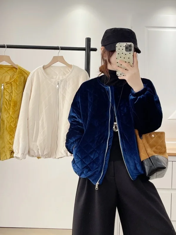 Loose Fit Long Sleeve round Neck Velvet Cotton Jacket Coat Warmth Quilted Patterned Women's Fashion Winter Outerwear Top