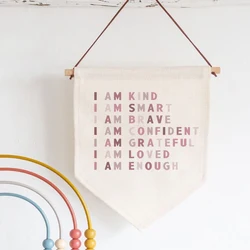 I Am Kind I Am Smart Print Hanging Wall Canvas Banner for Baby Girl Boy Newborn Birth Commemorative Gift Wall Art Flag